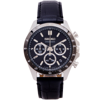 SEIKO 日本國內販售款三眼計時皮革錶帶手錶(SBTR021)-黑面X黑框/40mm