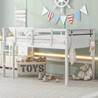 Twin Size Loft Bed for Kids, Wood Loft Bed Frame with Hanging Clothes Racks High Guardrail and Ladder for Kids Teens Boys Girls