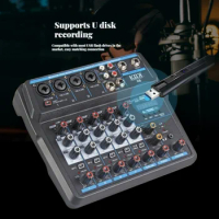 USB 6 Channel Audio Mixer Audio DJ Mixer Digital Sound Board Console with Sound Card Bluetooth 48V Phantom Power DJ Equipment