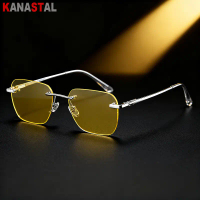 [Hot] Men Pure Titanium Rimless Sunglasses Women Night Vision Sun Glasses UV400 Eyeglasses Frame Dri