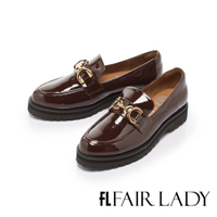 Fair Lady 小時光 時髦金飾軟漆皮厚底增高樂福鞋 咖啡紅(552576)