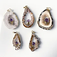 Gold Plated Nature Agate Slice with Amethyst Point Pendants, Black Grey White Brown Tan Geode Druzy Agate Slice