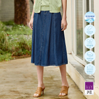 【ILEY 伊蕾】高級波浪高腰萊賽爾牛仔長裙(藍色；M-XL；1231078237)
