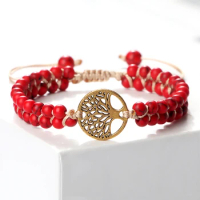 Handmade Beaded Bracelets Red 4mm Natural Stone Tree of Life OM Pendant Infinity Waves Yoga String Wrap Brangles Bohemia Jewelry