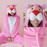 Anime Pink Panther One-Piece Hooded Plush Pajamas, Cute Pink Panther Anime Long-Sleeved Naughty Leopard Home Wear Set