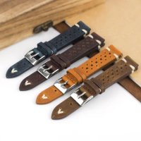 Retro Crazy Horse Leather Watchband 17mm 18mm 19mm 21mm Genuine Leather Porous Breathable Hand Stitching Watch Strap Replacement