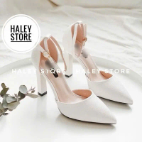 Giày nữ HALEY STORE bít mũi gót vuông 9cm sang chảnh tiểu thư rẻ bền đẹp cô dâu tiệc cưới êm chân dễ