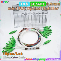 10pcs 1x8 mini 0.9mm Fiber Optic Splitter SC/APC PLC Optical Splitters colored fiber FTTH Coupler 1-8 1*8 FBT Optical Splitter