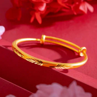 18K Gold Pure Yellow Bracelets 999 Adjustable Push and Pull Luxury Women Wedding Trendy Party Jewelry Bangles