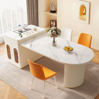 奶油風巖板餐桌一體兩用可伸縮現代簡約家用小戶型巖板餐桌椅組合