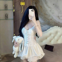 Đầm Corset Dây Móc đan Tiểu Thư Dáng Ngắn Xòe Phồng Đầm Ngủ Đầm Đi Tiệc 3 Màu Trắng Đen Nâu Freesize