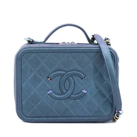 Chanel Iridescent Caviar Quilted Dark Turquoise Medium CC Filigree Vanity Case I17011C