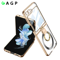 Z Flip 5 Magnetic Phone Case for Samsung Galaxy Z Flip 5 ZFlip5 5g Magsafe Ring Transparent Shockproof Plating Bumper Cover