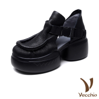 【Vecchio】真皮涼鞋 厚底涼鞋/全真皮頭層牛皮立體復古滾邊厚底休閒涼鞋(黑)