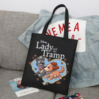 Disney Lady and the Tramp Shopping Bag Handbag Foldable Reusable Cloth Shopper Harajuku Bag Student Canvas Tote Bag Gift