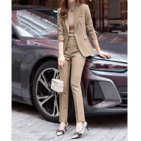 Tesco New Women's Pantsuit 2 Piece Long Sleeve Jacket And Pencil Pants Casual Suit Sets For Lady Spring Formal Office Blazer Set