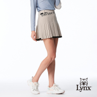 【Lynx Golf】女款日本進口布料彈性舒適百褶裙造型下擺剪接織帶設計休閒短裙-淺卡其色
