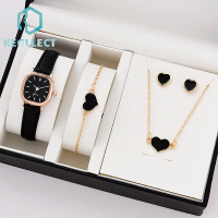 Ready Stock Set Wanita Spot 5 Pcs Jam Tangan Kalung Anting Gelang Gelang Kulit Set Jam Dial Kecil (T