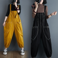 【巴黎精品】吊帶褲丹寧長褲-大碼寬鬆工裝風牛仔減齡女褲子2色a1bg60