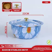 Mangkok Baskom Wadah Kobokan Stainless dengan Tutup Waskom Enamel Bunga Tahan Karat Baskom Tutup 22C