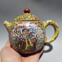 6"Chinese Yixing Purple clay pot Pottery Outline in gold Enamel pot kettle Red mud Teapot Pot Tea Maker Office Ornaments
