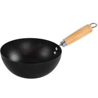 20cm Iron Mini Wok Classic Kitchen Cooking Pot Non-Induction/Wooden Handle Flat Base Pan Includes 1 x Chinese Wok Pan