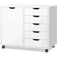 Wood Dresser Chest with Door, Mobile Storage Cabinet, Printer Stand for Home Office，5-Drawer