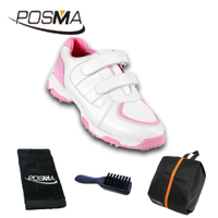 兒童高爾夫球鞋 透氣防滑防水 女童運動鞋 舒適 GSH065 白配粉色 配POSMA鞋包 2合1清潔刷 高爾夫球毛巾