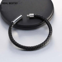 REAL BESTXY Braided Bangle Leather Bracelets for Men Bangle &amp; Bracelet Fashion Men Jewelry Black