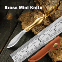 Brass MINI Knife Portable Unboxing Straight Knife With Leather Case CS GO Hanging Outdoor Camping EDC Box Opener Knife