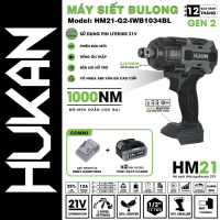 Máy siết bulong pin HUKAN HM21-G2-IWB1034BL, đầu 3/4 Không chổi than, Lực siết 1000Nm, Bảo hành 12 t