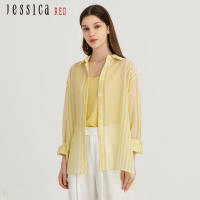 【Jessica Red】清新亮麗條紋輕薄寬鬆襯衫824136（黃）