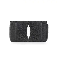 Authentic Stingray Skin Zipper Closure Women Large Black Clutch Purse Genuine Leather Lady Wristlets Bag Male Card Holder Wallet