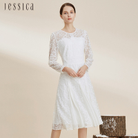 JESSICA - 氣質立體花卉刺繡蕾絲透膚長袖洋裝22427A