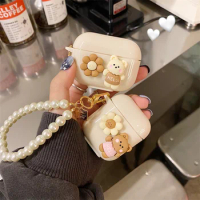 INS Cute Bear Flower Earphone Case for apple AirPods 3 New Headset Box for AirPods 1 2 Pro Case with Pearl Bracelet Keychain