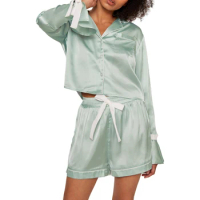 Pajama Sets for Women 2 Piece Lounge Set Long Sleeve Lapel Button Up Tops Bow Shorts Sleepwear Sets Summer