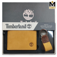 【Timberland】男皮夾 短夾 麂皮 牛皮夾 零錢袋 多卡夾+鑰匙圈套組 品牌盒裝+原廠提袋／黃駝色