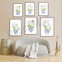Blue chinoiserie poster, hydrangea painting millennium art, magnolia art, ginger jar, floral porcelain print, chinese vase gift