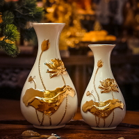 中式家居室內佛堂供佛花瓶陶瓷浮雕描金觀音荷花瓶蓮花插花器擺件