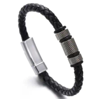 Men's Trendy Leather Braided Bracelet Metal Clasp Alloy Beaded Bracelets for Men Handmade Fashion Bangle Jewelry Gift