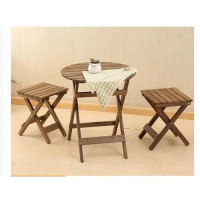 實木可折疊桌靠背椅組合（咖啡色 1張圓桌+2張折疊凳）