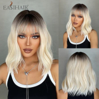 Ombre Brown Blonde Synthetic Wigs Short Wavy Bob Wig for Women with Bangs Body Wave Cosplay Lolita Natural Hair Heat Resistant