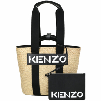 KENZO Raffia 大款 字母標誌拉菲草編織雙提把托特包(附萬用袋/黑色)