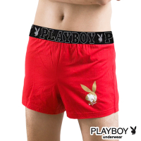 PLAYBOY 彈性精梳棉素色燙金兔頭寬鬆四角褲-大字母織帶-單件(紅)