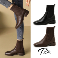 T2R-正韓空運-真皮針織拼接套腳短筒襪靴-增高約4公分-黑/棕