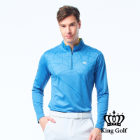【KING GOLF】男款薄款立領拉鍊線條幾何圖形長袖POLO衫/高爾夫球衫-藍色