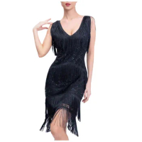 Plus Size Vintage Fringed Personality Dress Sequin Beaded Tassels Hem Flapper Dress For Women Backless Slim Lace Dress