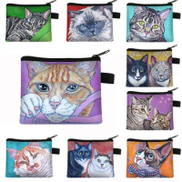 Cat Oil Painting Print Coin Purse Cute Siberian / American Short Haired Cat Mini Money Bags ID Credit Card Holder Wallet Gift