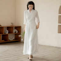 中國風茶服女夏文藝中式改良交領漢服白色仙氣古風連衣裙禪意女裝