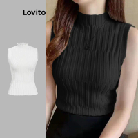 Lovito Casual Knit Top Plain Basic High Stretch Knit Tops for Women LNE17174 (Rose Red/White)